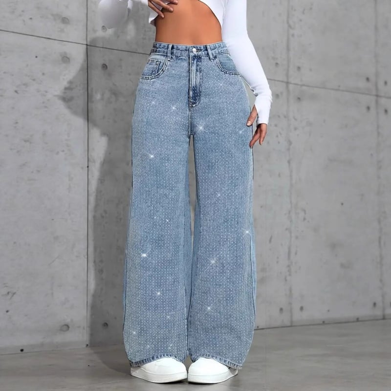 Fufu denimové nohavice rovného strihu s kamienkami, 70–80% bavlna, <30% elastan, stredný pás