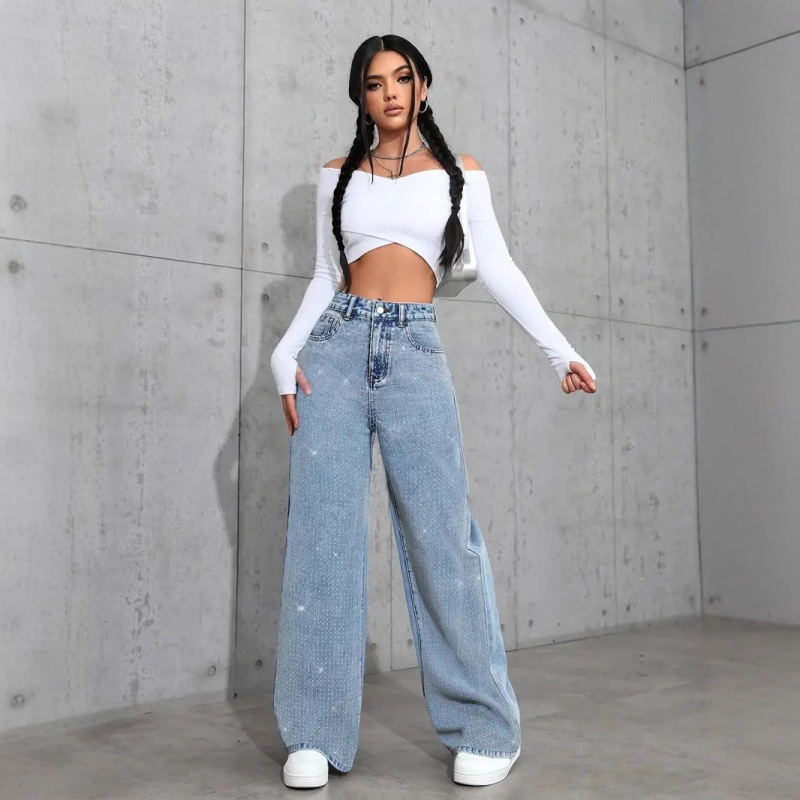 Fufu denimové nohavice rovného strihu s kamienkami, 70–80% bavlna, <30% elastan, stredný pás