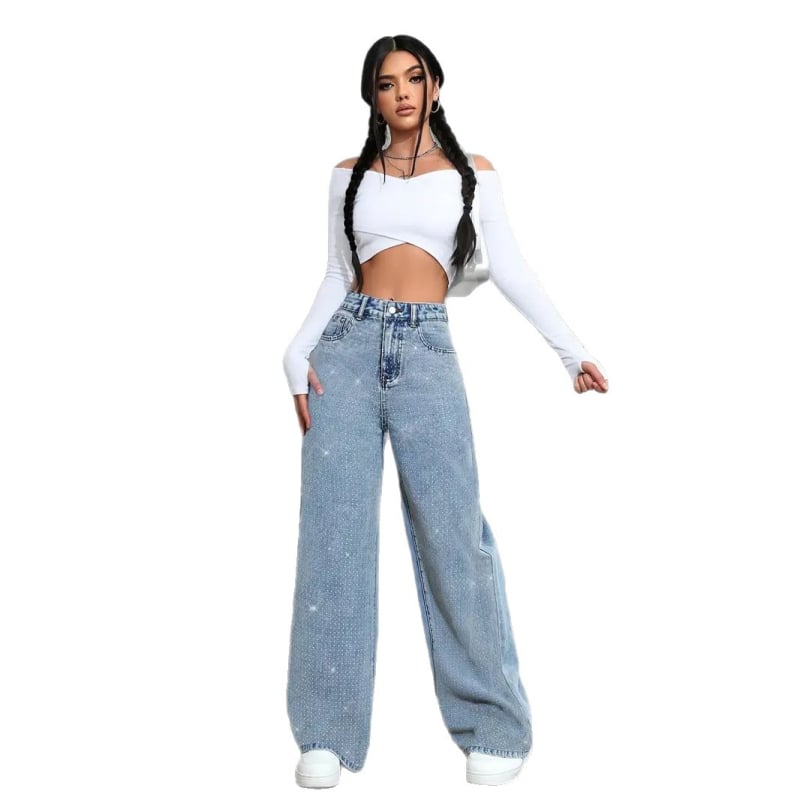 Fufu denimové nohavice rovného strihu s kamienkami, 70–80% bavlna, <30% elastan, stredný pás