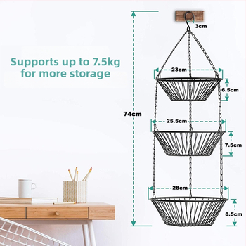 Trojlôrový kovový kôš na ovocie, visiaci, otvorený dizajn, skladací, moderný minimalistický štýl