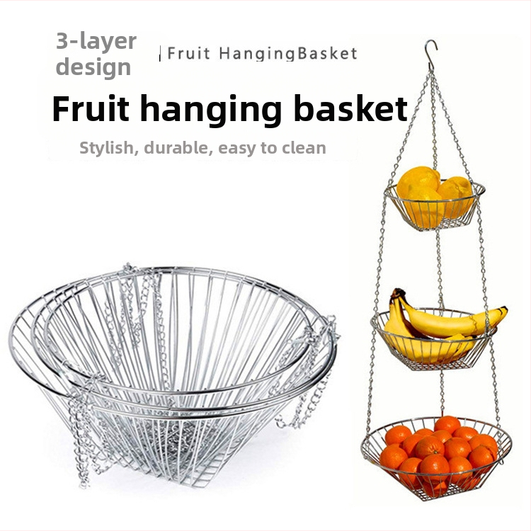 Trojlôrový kovový kôš na ovocie, visiaci, otvorený dizajn, skladací, moderný minimalistický štýl