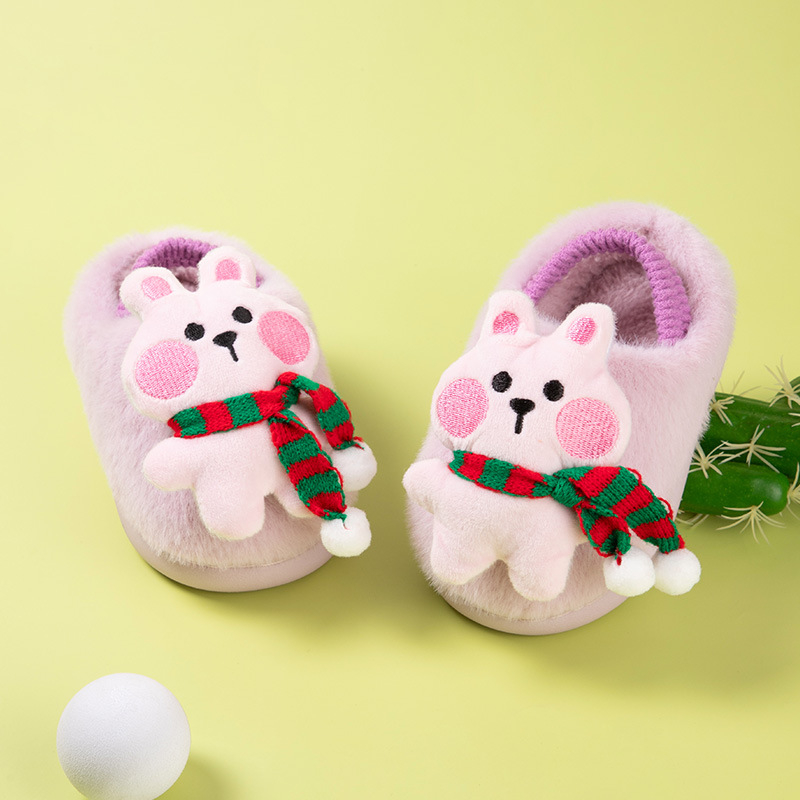 Papuci de casă din bumbac pentru copii, cu bretea pe spate – partea superioară din fleece cald, model cu desene animate, talpă TPR, vârsta 1–6 ani