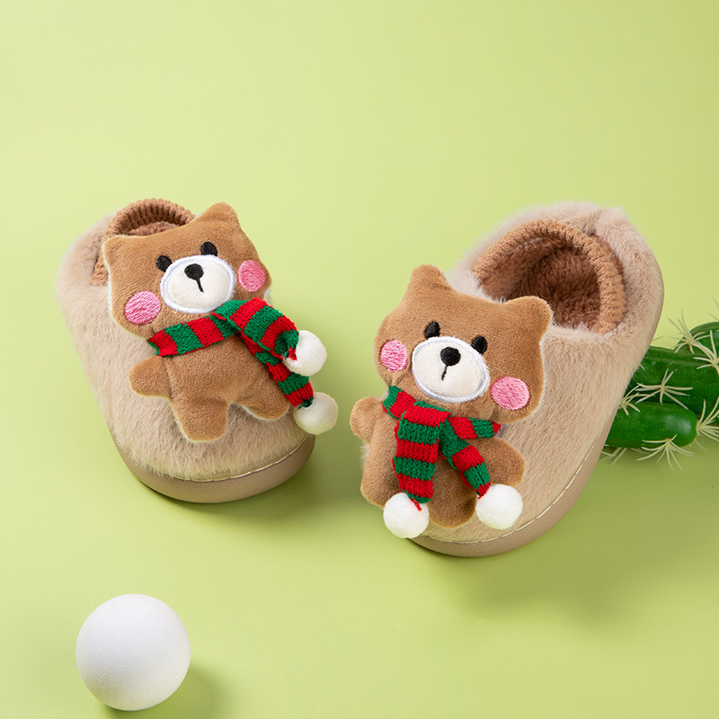 Papuci de casă din bumbac pentru copii, cu bretea pe spate – partea superioară din fleece cald, model cu desene animate, talpă TPR, vârsta 1–6 ani