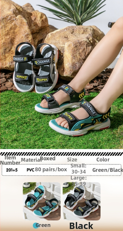 Detské plážové sandále - priedušný PVC vrchný diel, PVC podrážka, zapínanie na suchý zips, vzor s písmenami