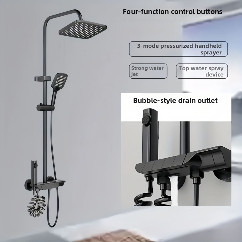 Sprchový set - meď, štvorcový tvar, nástenná inštalácia, chrómovaný povrch, digitálny displej teploty s konštantnou teplotou a dažďovým prúdom