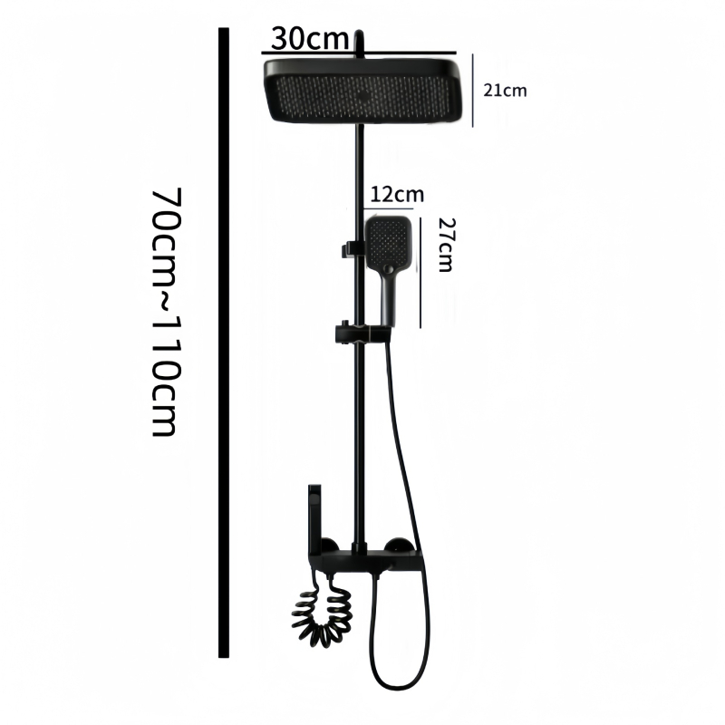 Sprchový set - meď, štvorcový tvar, nástenná inštalácia, chrómovaný povrch, digitálny displej teploty s konštantnou teplotou a dažďovým prúdom