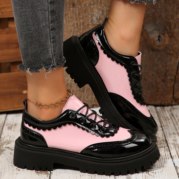 PU bőr női cipő color-block mintával, kerek orr, fűzős zárás, középmagas sarok 3-6 cm