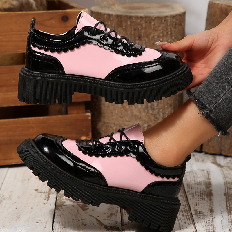 PU bőr női cipő color-block mintával, kerek orr, fűzős zárás, középmagas sarok 3-6 cm