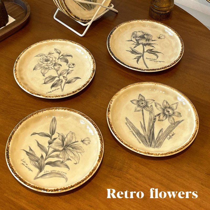 Keramický dezertný tanier v retro štýle, kruhový tvar, podglazúrne farbenie