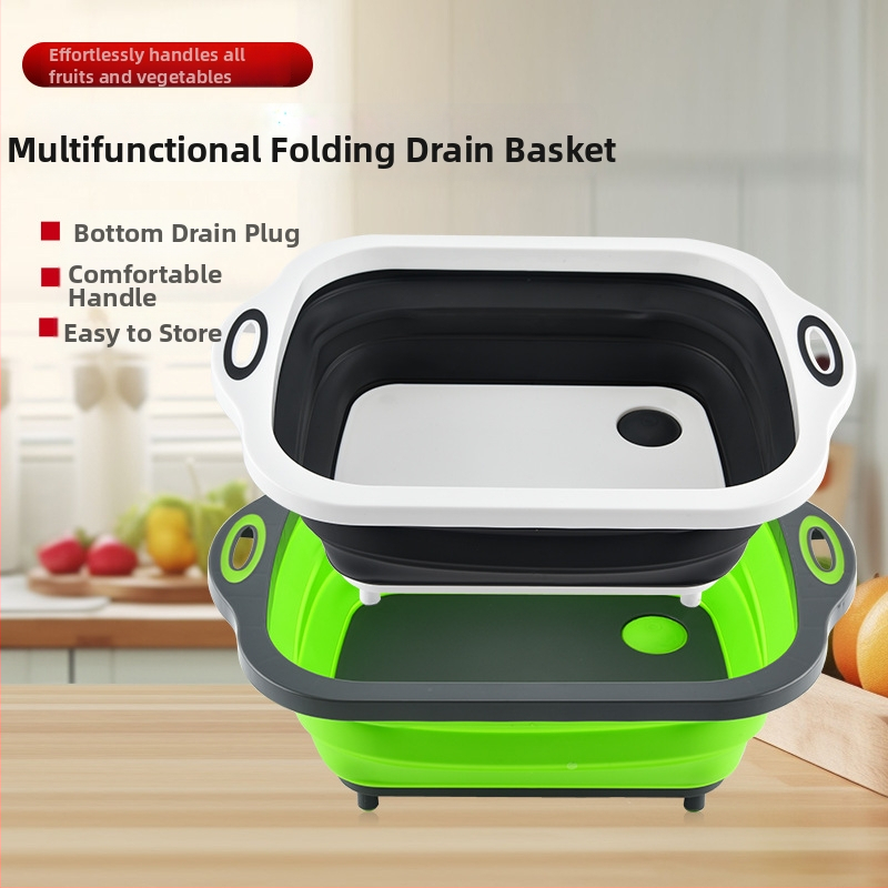 3-v-1 skladacia odkvapkávacia nádoba na zeleninu s doskou na krájanie a funkciou umývania, PP+TPR