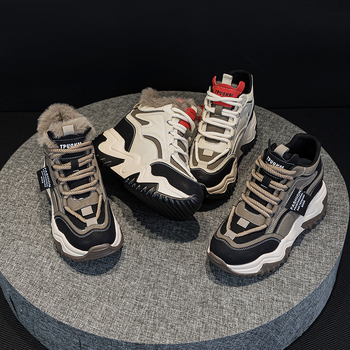 Дамски спортни обувки на платформа за повишаване на височината, средно високи, PU горна част, кръгъл нос, 6–8 см дебел ток