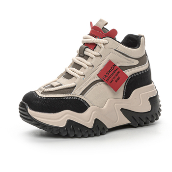 Дамски спортни обувки на платформа за повишаване на височината, средно високи, PU горна част, кръгъл нос, 6–8 см дебел ток