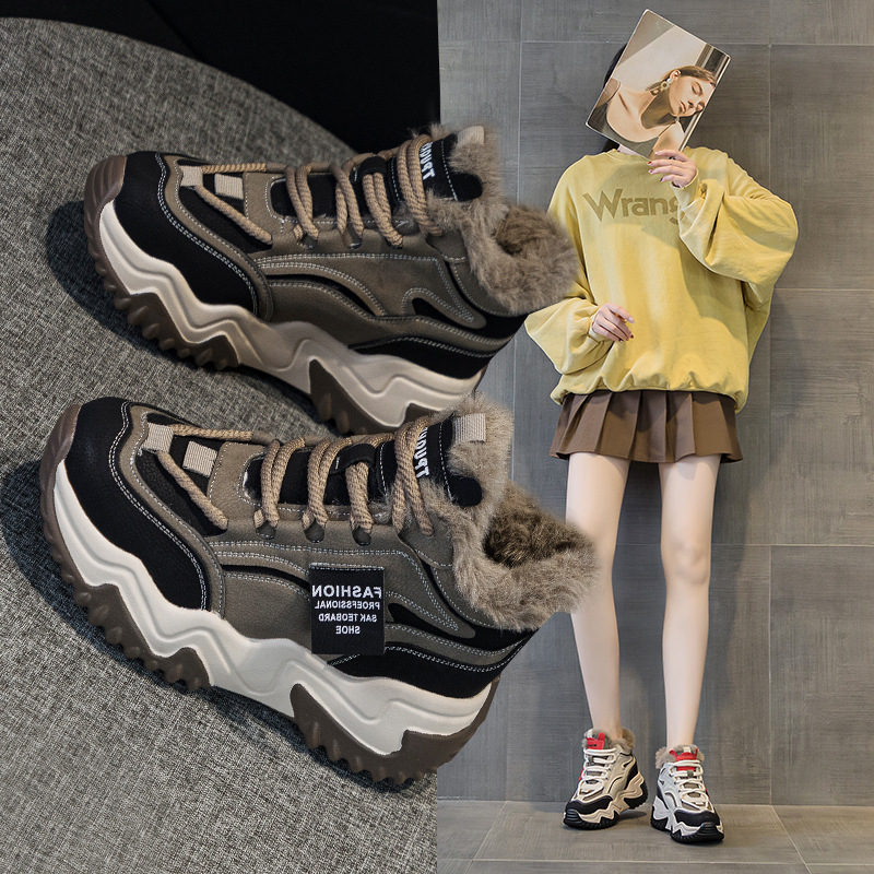 Дамски спортни обувки на платформа за повишаване на височината, средно високи, PU горна част, кръгъл нос, 6–8 см дебел ток