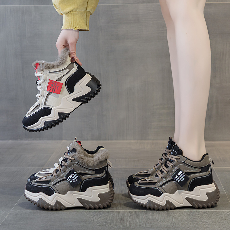 Дамски спортни обувки на платформа за повишаване на височината, средно високи, PU горна част, кръгъл нос, 6–8 см дебел ток