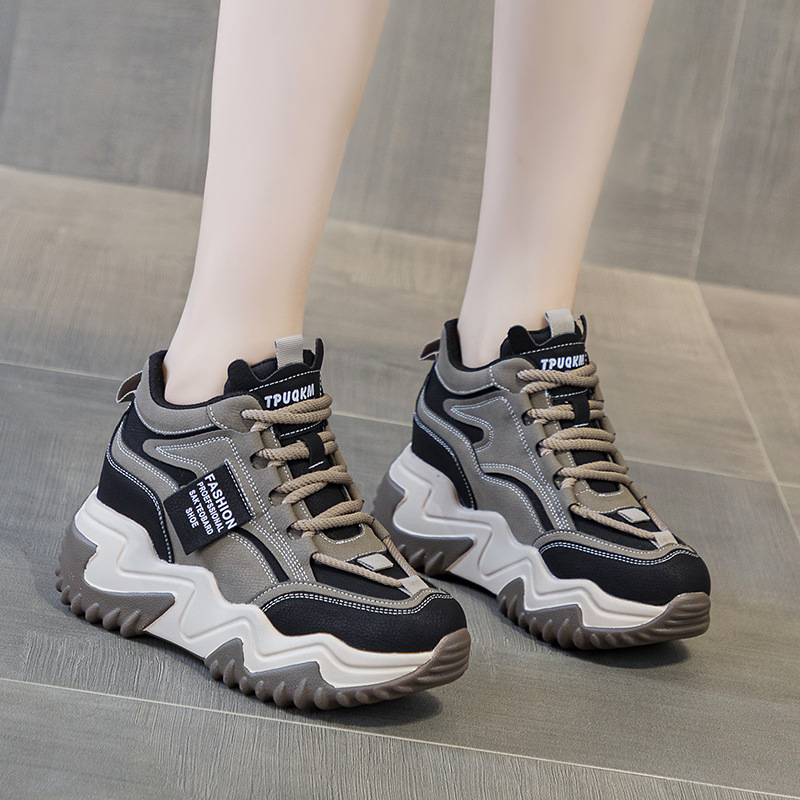 Дамски спортни обувки на платформа за повишаване на височината, средно високи, PU горна част, кръгъл нос, 6–8 см дебел ток