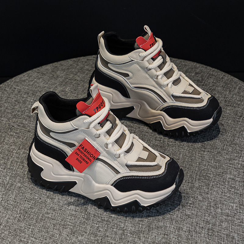 Дамски спортни обувки на платформа за повишаване на височината, средно високи, PU горна част, кръгъл нос, 6–8 см дебел ток