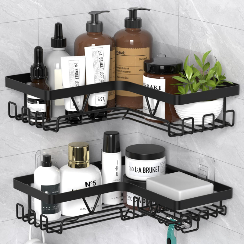 Dvojposchodová nástenná polica do kúpeľne z železa, trojuholníkového tvaru, bez vŕtania