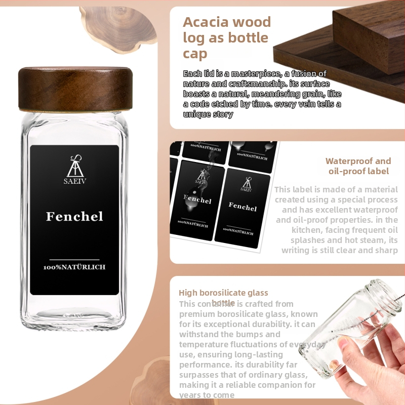 Stiklinis prieskonių butelių rinkinys su dangčiais iš bambuko, aliuminio ar akacijos