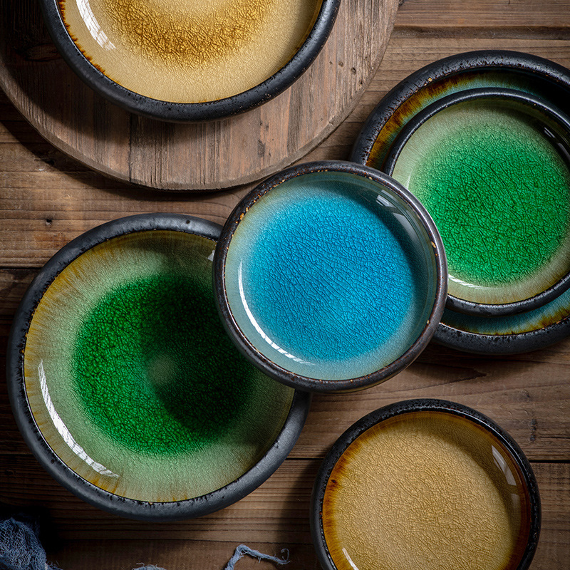 Porcelánový tanier na večeru, japonský štýl s glazúrou s praskaním ľadu, guľatý, vhodný do mikrovlnky