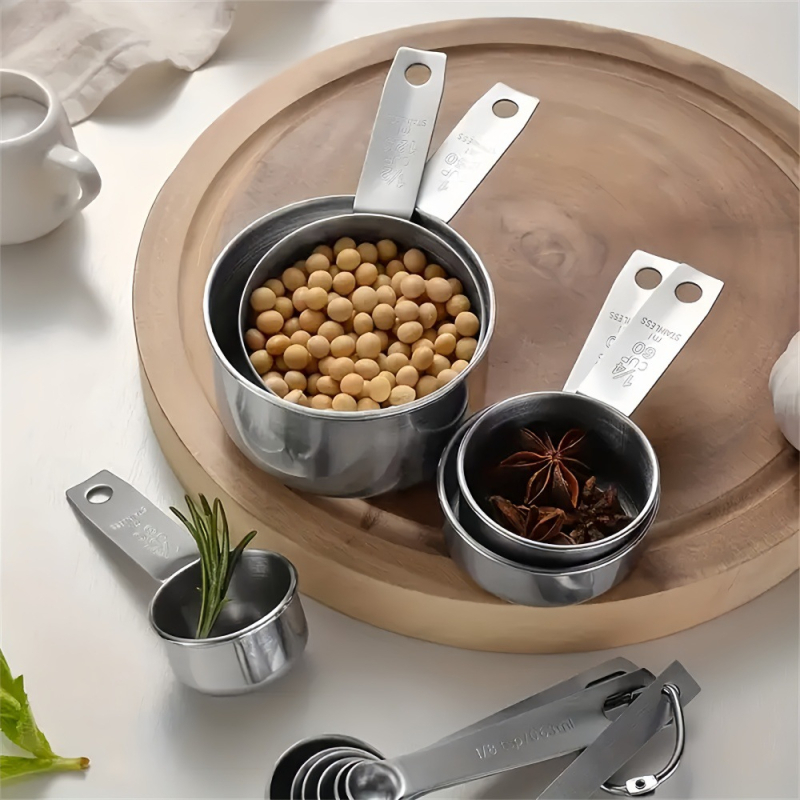 Small súprava meracích pohárov a lyžíc z nehrdzavejúcej ocele 304 so stupnicou, na pečenie a kávu, moderný minimalistický štýl