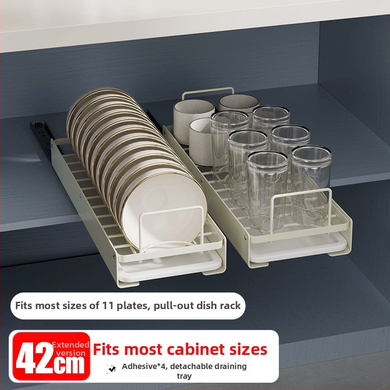 Nerezový regál na riady s ťahacím košíkom – kuchynský stojan na odkvapkávanie, moderný a viacúčelový