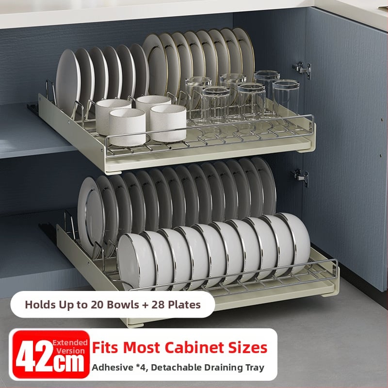 Nerezový regál na riady s ťahacím košíkom – kuchynský stojan na odkvapkávanie, moderný a viacúčelový