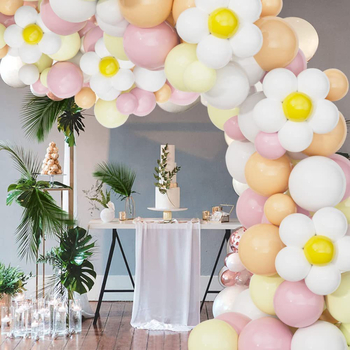 Sada balónovej reťaze Macaroon s ozdobami margarét a slnečnice — latex, guľaté balóny, potlačené logo, značka Table Floating Column