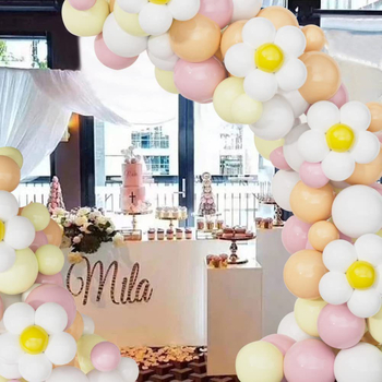 Sada balónovej reťaze Macaroon s ozdobami margarét a slnečnice — latex, guľaté balóny, potlačené logo, značka Table Floating Column