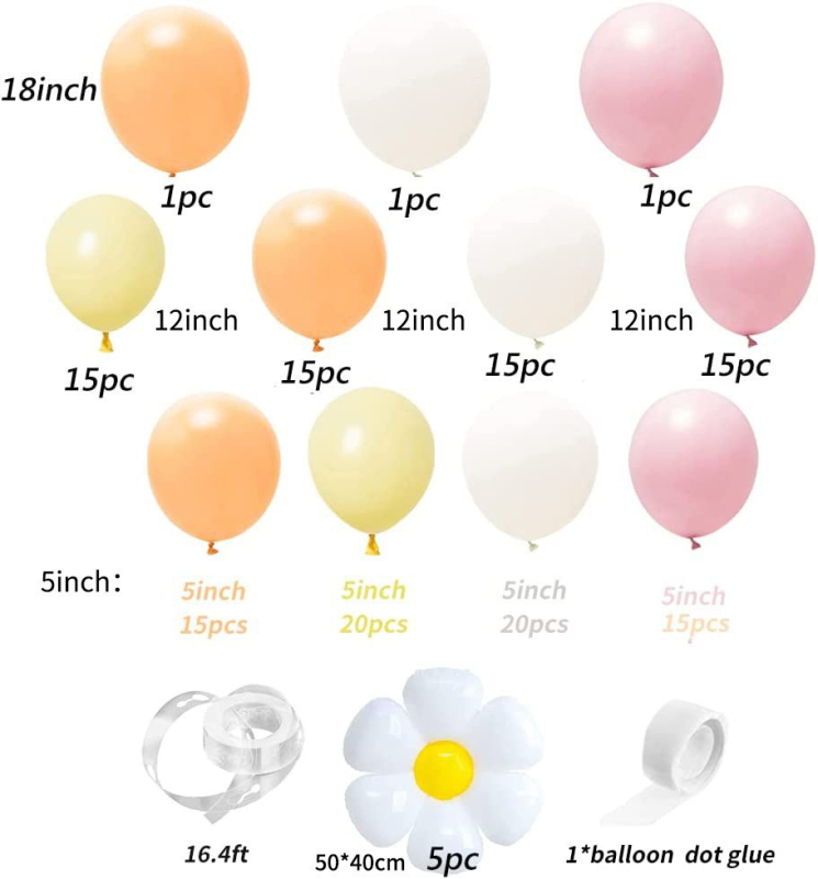 Sada balónovej reťaze Macaroon s ozdobami margarét a slnečnice — latex, guľaté balóny, potlačené logo, značka Table Floating Column