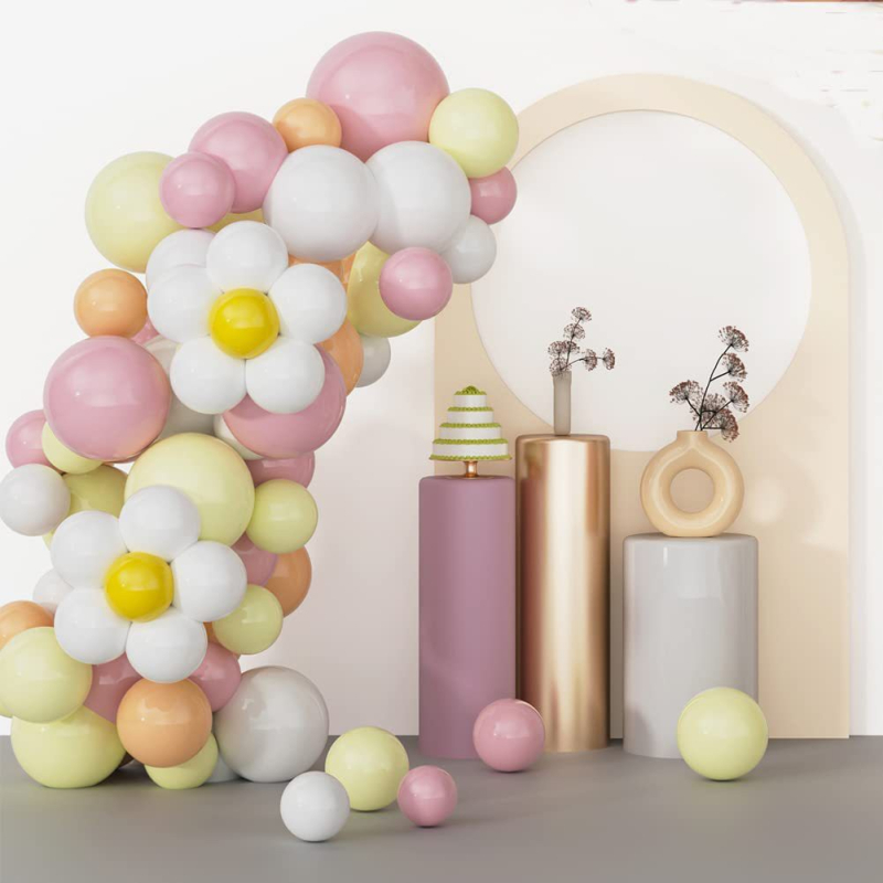 Sada balónovej reťaze Macaroon s ozdobami margarét a slnečnice — latex, guľaté balóny, potlačené logo, značka Table Floating Column