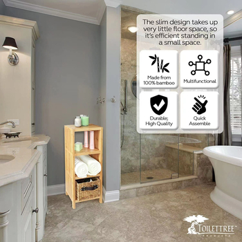 Trojposchodový regál z bambusu a dreva, viacúčelový, prachotesný a odolný voči vlhkosti; vhodný na stolné použitie, do spálne a do obývačky.