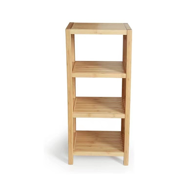 Trojposchodový regál z bambusu a dreva, viacúčelový, prachotesný a odolný voči vlhkosti; vhodný na stolné použitie, do spálne a do obývačky.