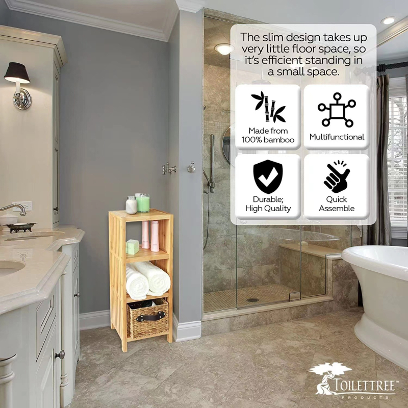 Trojposchodový regál z bambusu a dreva, viacúčelový, prachotesný a odolný voči vlhkosti; vhodný na stolné použitie, do spálne a do obývačky.