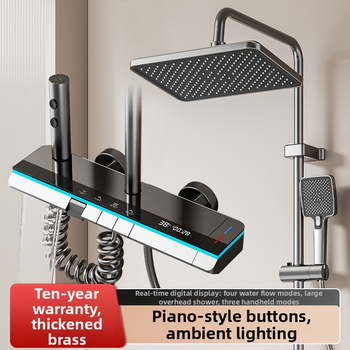 Meďový sprchový set, nástenná montáž, horná sprchová hlavica, regulácia teploty, LED osvetlenie s digitálnym displejom