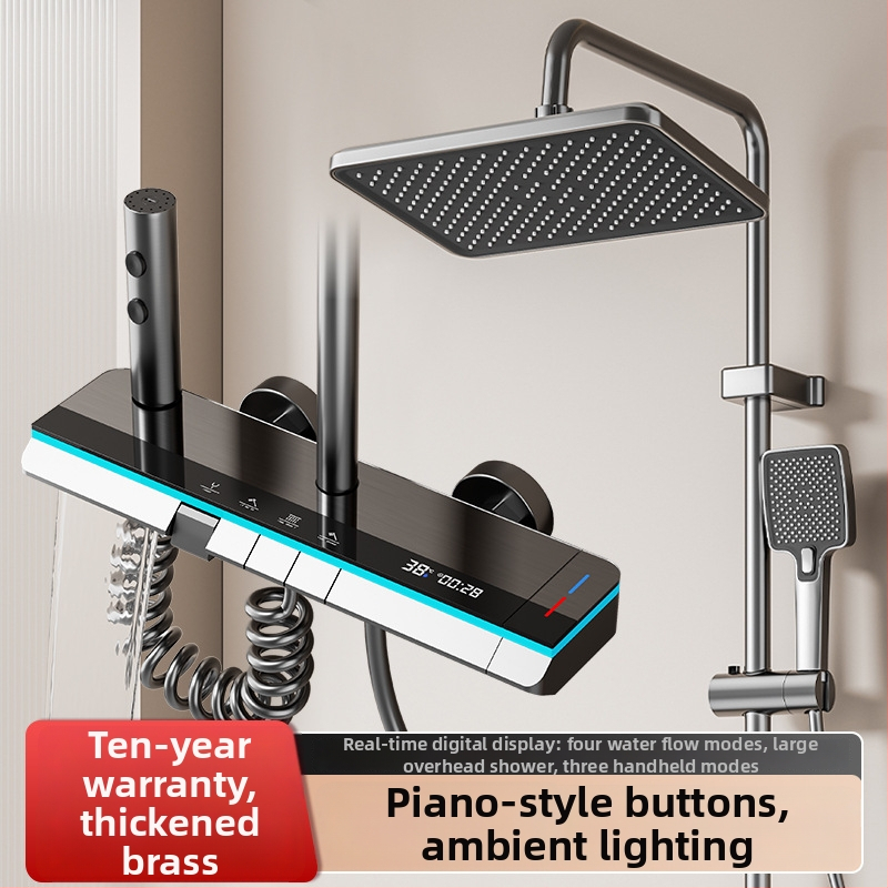 Meďový sprchový set, nástenná montáž, horná sprchová hlavica, regulácia teploty, LED osvetlenie s digitálnym displejom