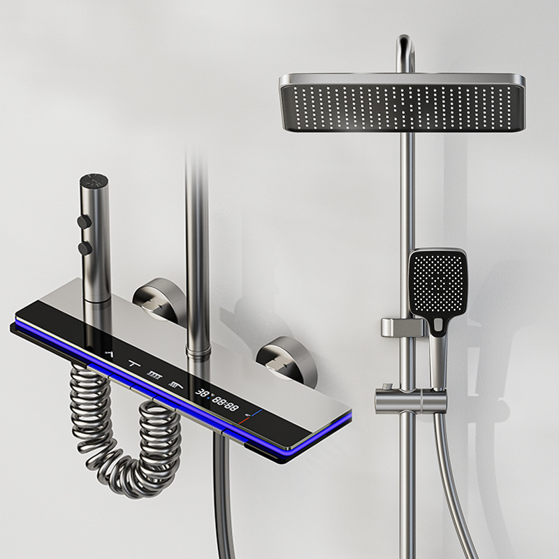 Meďový sprchový set, nástenná montáž, horná sprchová hlavica, regulácia teploty, LED osvetlenie s digitálnym displejom