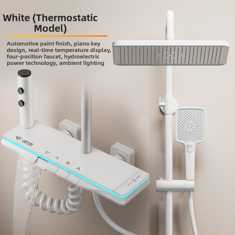 Meďový sprchový set, nástenná montáž, horná sprchová hlavica, regulácia teploty, LED osvetlenie s digitálnym displejom