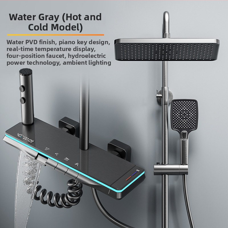 Meďový sprchový set, nástenná montáž, horná sprchová hlavica, regulácia teploty, LED osvetlenie s digitálnym displejom