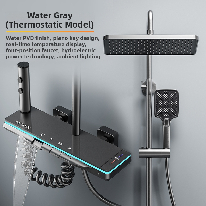 Meďový sprchový set, nástenná montáž, horná sprchová hlavica, regulácia teploty, LED osvetlenie s digitálnym displejom