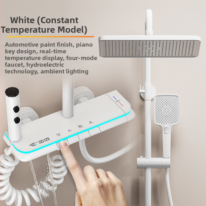 Meďový sprchový set, nástenná montáž, horná sprchová hlavica, regulácia teploty, LED osvetlenie s digitálnym displejom
