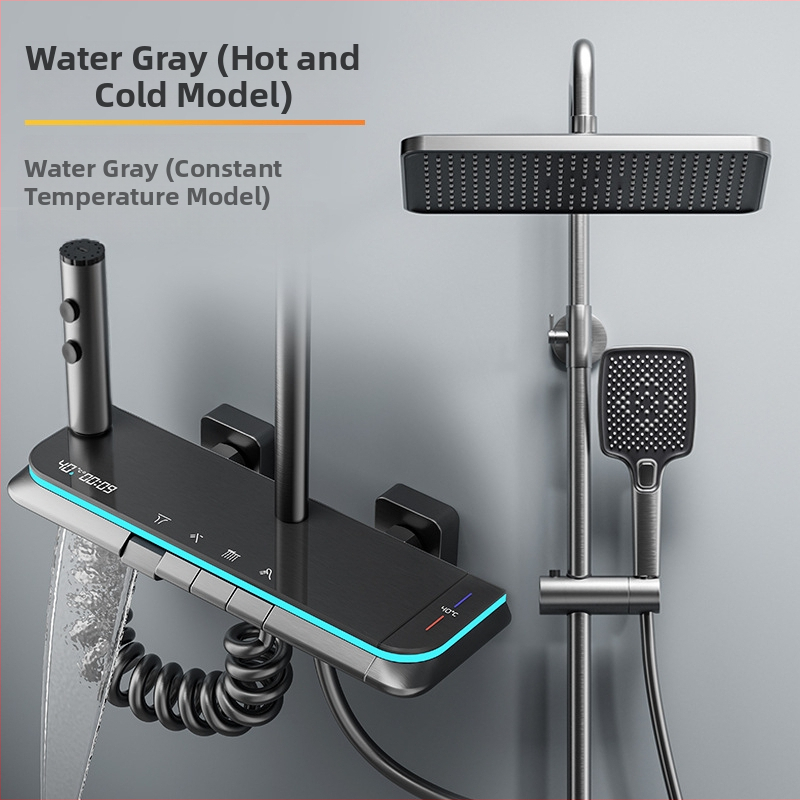 Meďový sprchový set, nástenná montáž, horná sprchová hlavica, regulácia teploty, LED osvetlenie s digitálnym displejom
