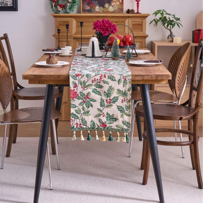 Σημαία τραπεζιού με φούντες και ρίγες — ύφασμα πολυεστερ-βαμβάκι yarn-dyed, 70% πολυεστέρας, 30% βαμβάκι, στυλ απλό μοντέρνο, δυνατότητα προσαρμογής