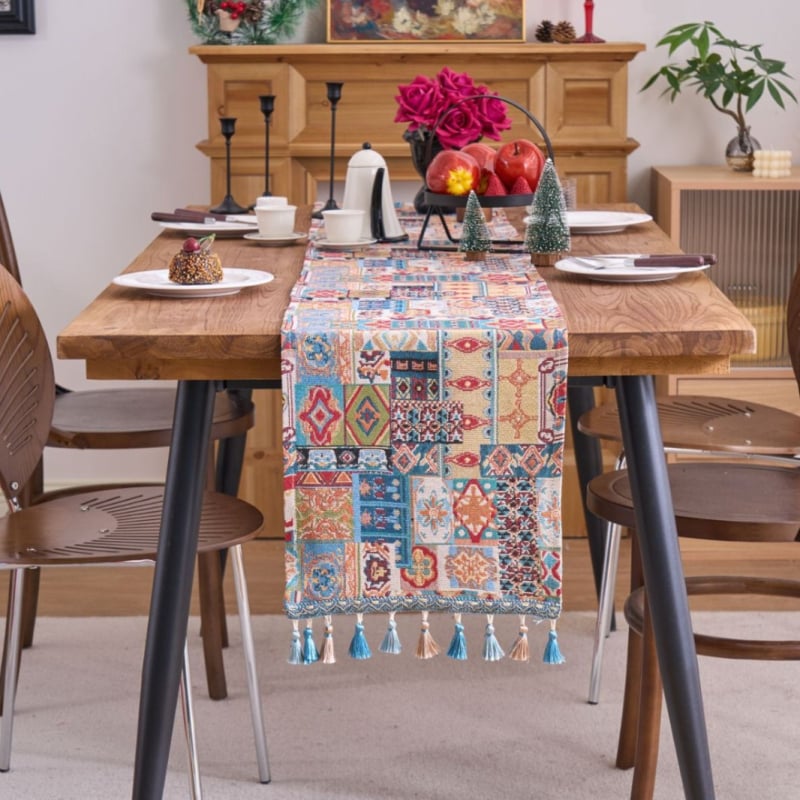 Σημαία τραπεζιού με φούντες και ρίγες — ύφασμα πολυεστερ-βαμβάκι yarn-dyed, 70% πολυεστέρας, 30% βαμβάκι, στυλ απλό μοντέρνο, δυνατότητα προσαρμογής