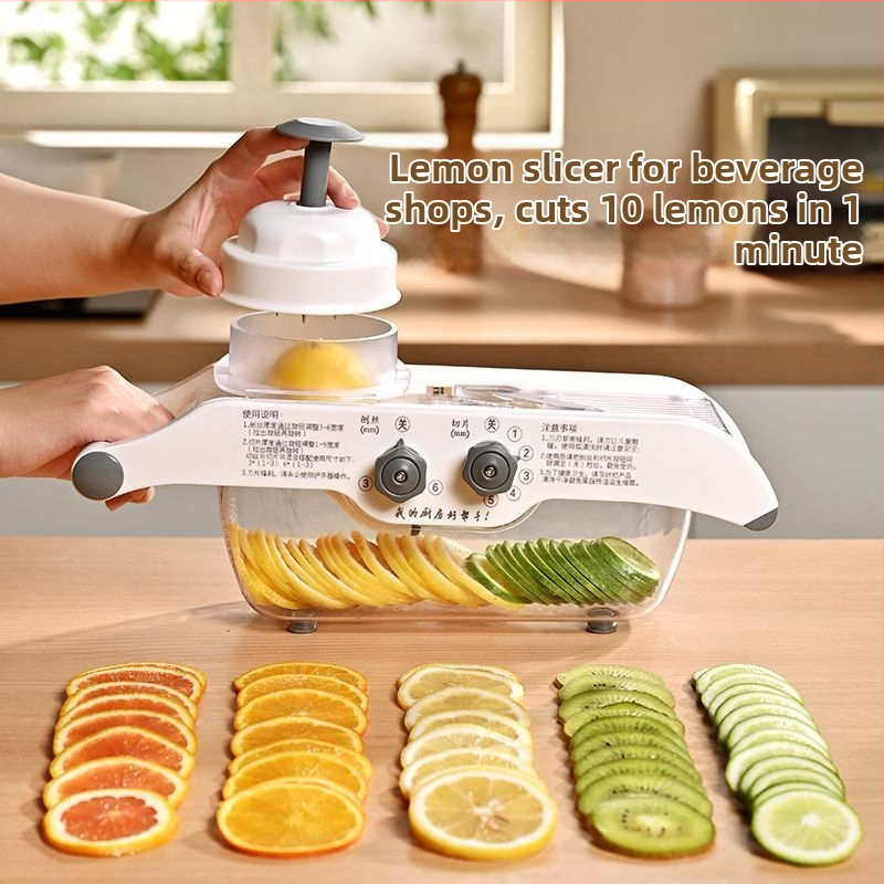 Daugiafunkcinis daržovių pjaustytuvas namų naudojimui, automatinė funkcija, reguliuojamas bulvių storis, citrinos griežtuvas ir vaisių pjaustiklis; plastmasinis virtuvės įrankis