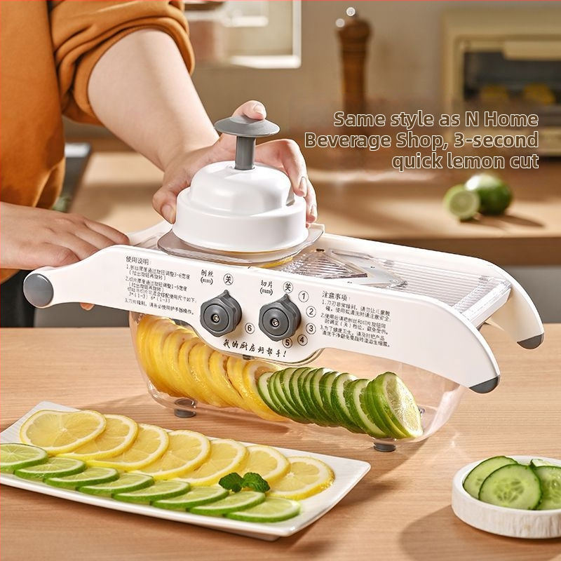 Daugiafunkcinis daržovių pjaustytuvas namų naudojimui, automatinė funkcija, reguliuojamas bulvių storis, citrinos griežtuvas ir vaisių pjaustiklis; plastmasinis virtuvės įrankis
