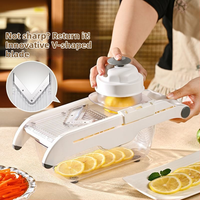 Daugiafunkcinis daržovių pjaustytuvas namų naudojimui, automatinė funkcija, reguliuojamas bulvių storis, citrinos griežtuvas ir vaisių pjaustiklis; plastmasinis virtuvės įrankis