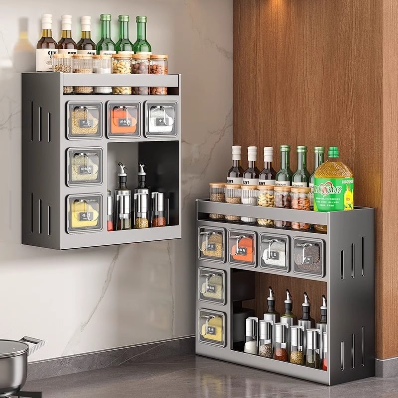 Nástenný stojan na korenie – bez vŕtania, oceľový materiál, nordický štýl, multifunkčné skladovanie