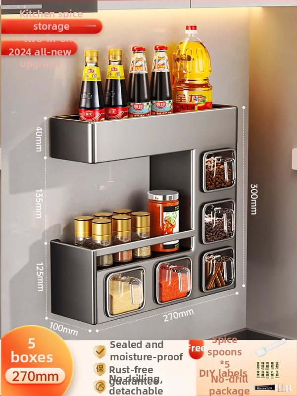 Nástenný stojan na korenie so zatvoreným, vlhkosť odolným dizajnom