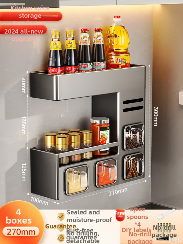 Nástenný stojan na korenie so zatvoreným, vlhkosť odolným dizajnom