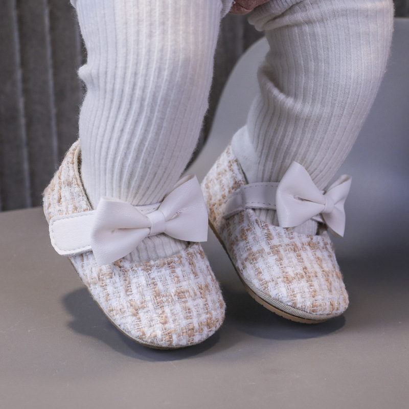 Cipele za bebe 12–36 mjeseci, laneni gornji dio, Velcro zatvarač, mašna, prozračne, protuklizne potplata